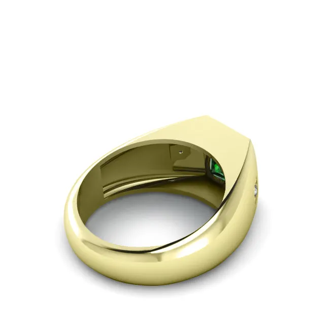 Bezel Set Emerald Male Ring Pure 10K Yellow Gold with 0.06ct Diamonds Anniversary Gift for Man