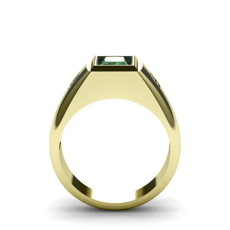 Bezel Set Emerald Male Ring Pure 10K Yellow Gold with 0.06ct Diamonds Anniversary Gift for Man