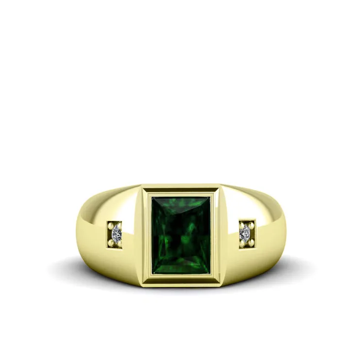 Bezel Set Emerald Male Ring Pure 10K Yellow Gold with 0.06ct Diamonds Anniversary Gift for Man