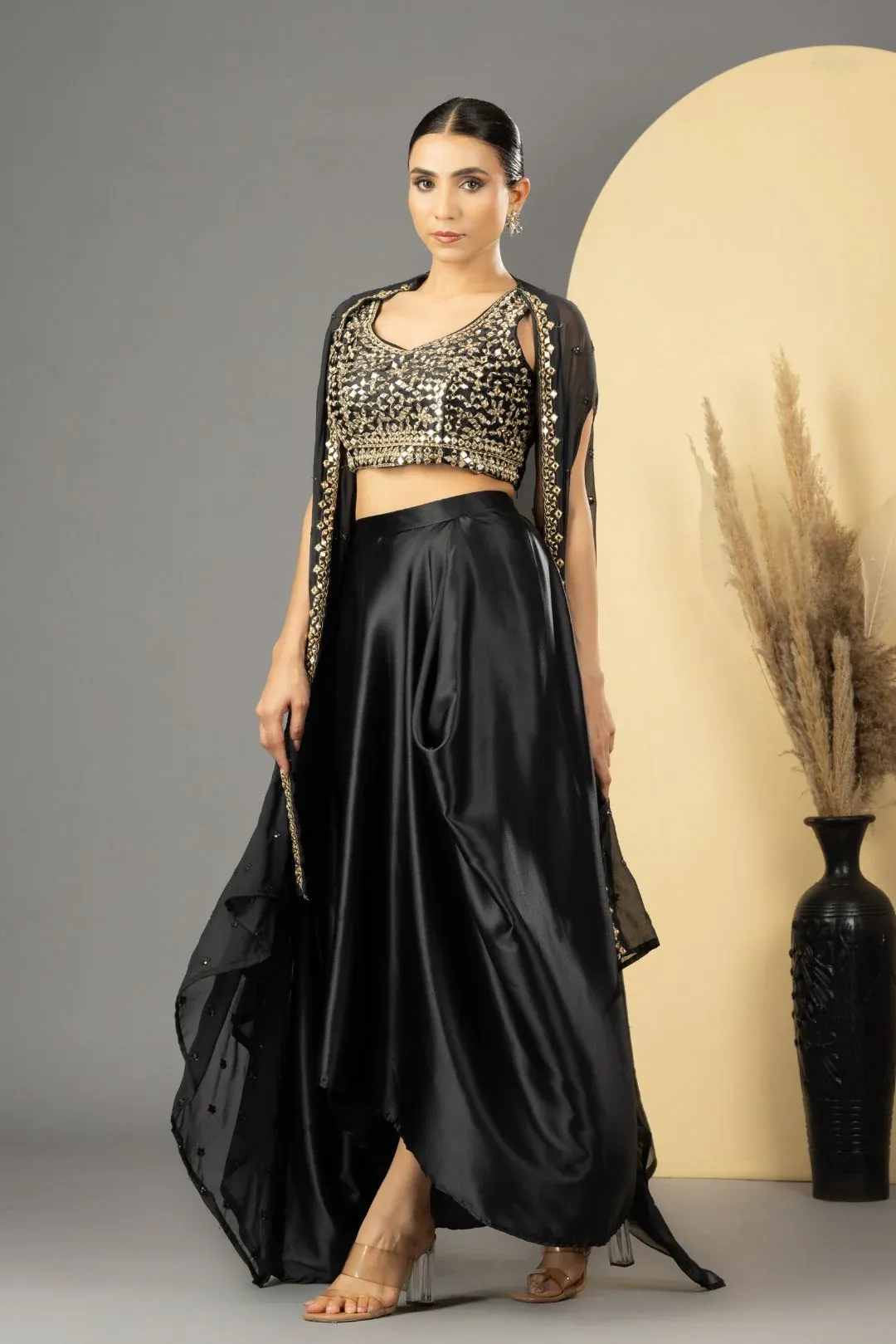 Black Mirror Work Dhoti Style Set - Rent