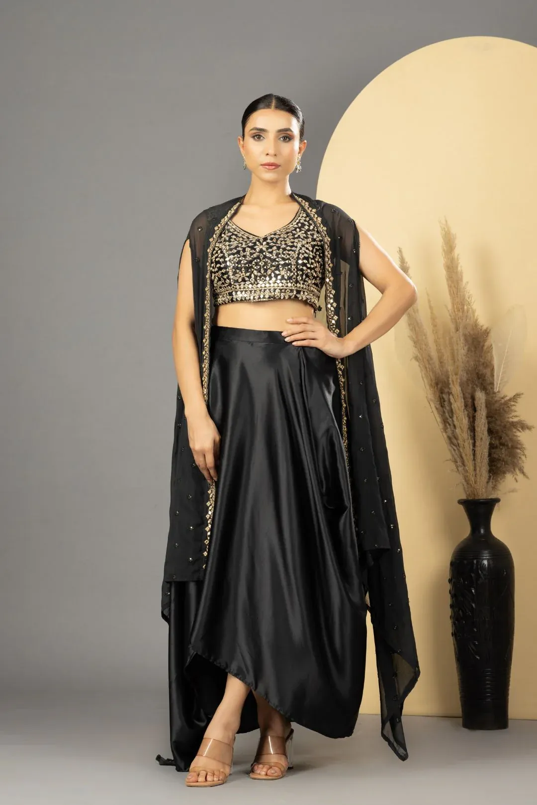 Black Mirror Work Dhoti Style Set - Rent