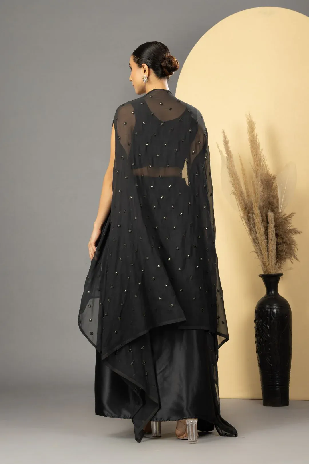 Black Mirror Work Dhoti Style Set - Rent