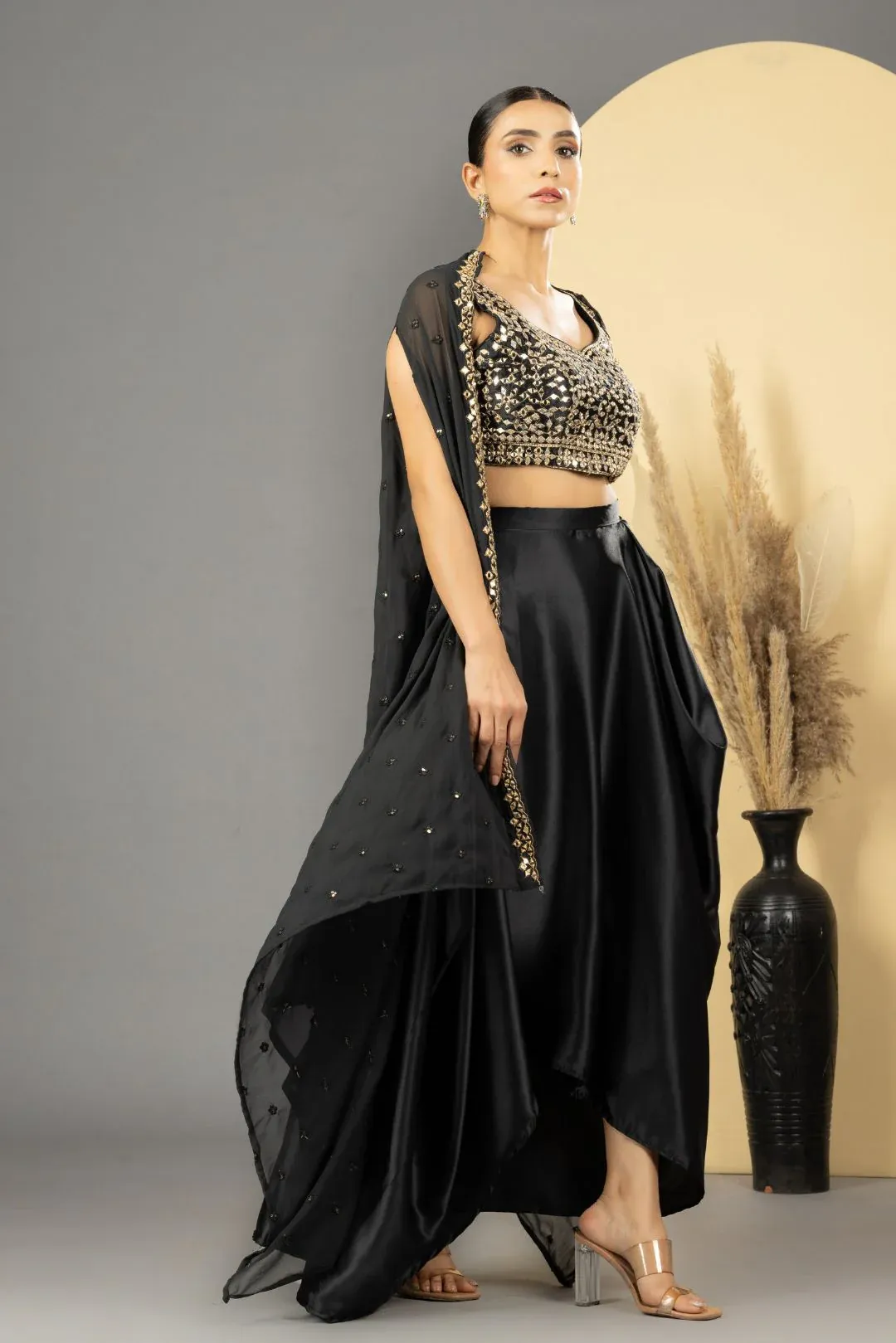 Black Mirror Work Dhoti Style Set - Rent