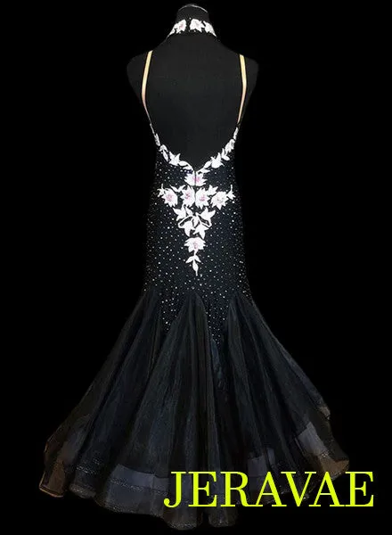 Black Smooth Ballroom Dress with Swarovski stones and lace. Removable Floats for Standard SMO036 sz Small/Medium