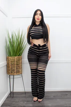 Black Tie Back Crop Top Pant Set