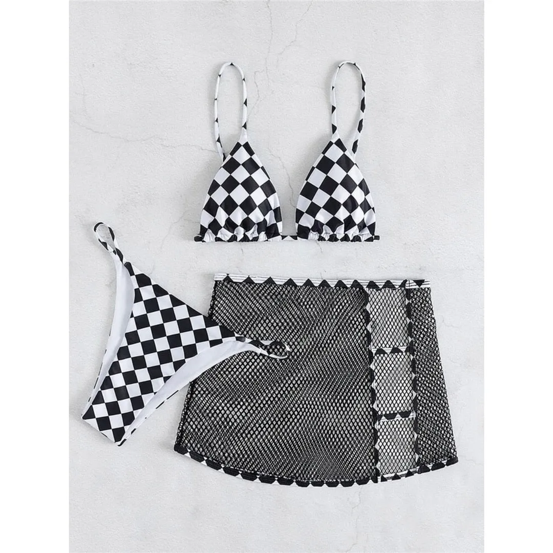 Black White Triangle Bikini with Adjustable Straps Set