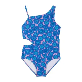 Blue Floral Print One-Shoulder Swimsuit