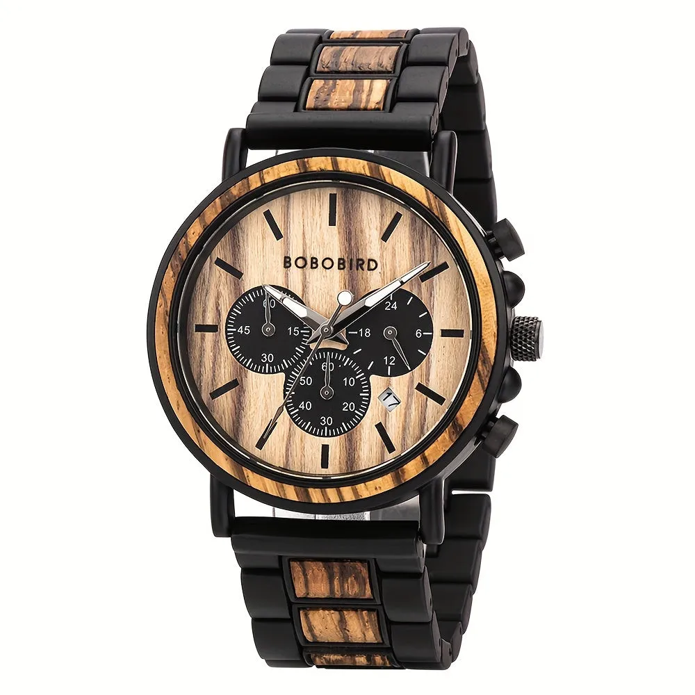 BOBO BIRD Stylish Wood & Stainless Steel Men's Watch, Birthday Anniversary Christmas Gift