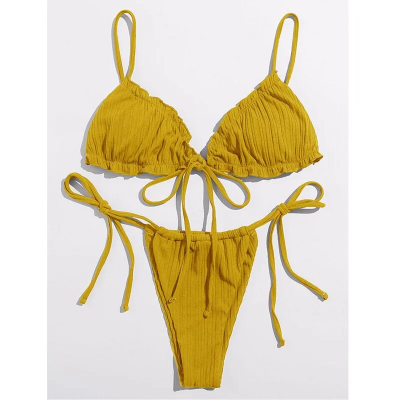 Brazilian Ruffle Ruched Solid Bikini