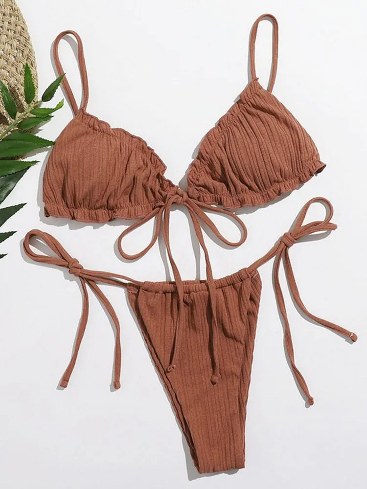 Brazilian Ruffle Ruched Solid Bikini