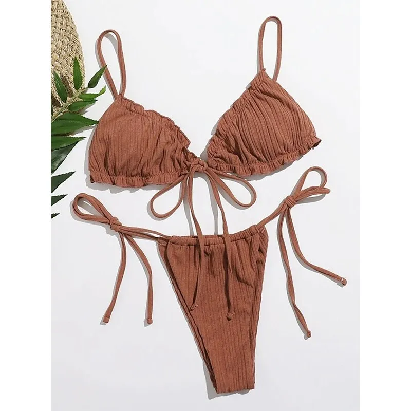 Brazilian Ruffle Ruched Solid Bikini