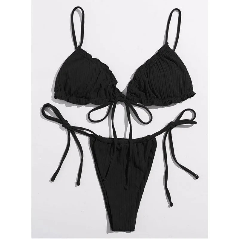 Brazilian Ruffle Ruched Solid Bikini