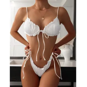 Brazilian Ruffle Ruched Solid Bikini