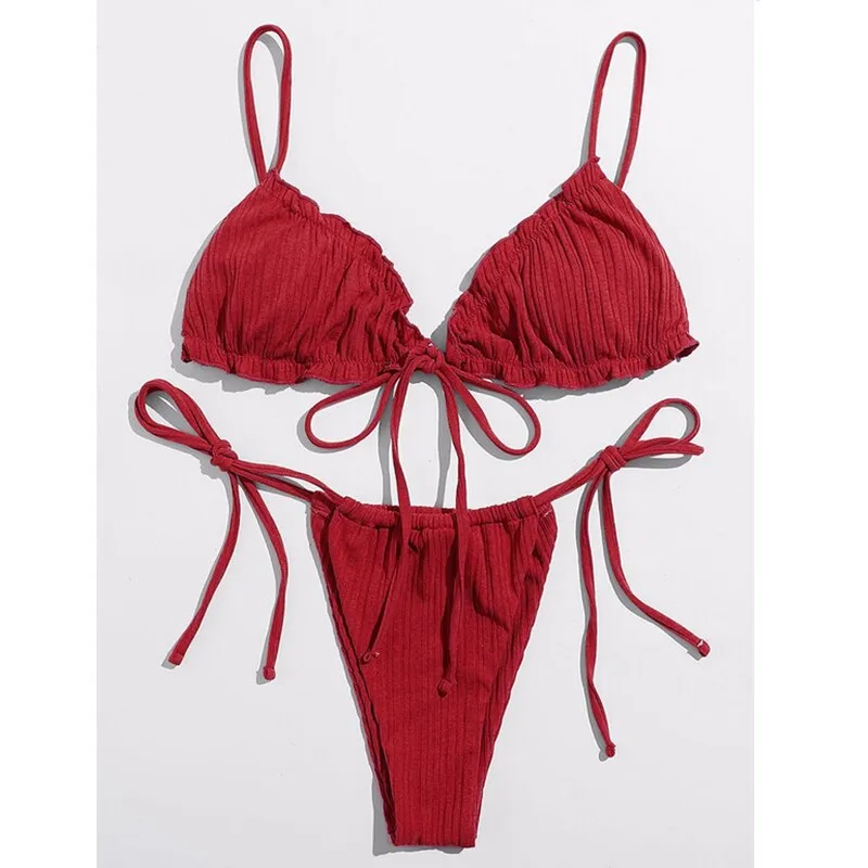 Brazilian Ruffle Ruched Solid Bikini