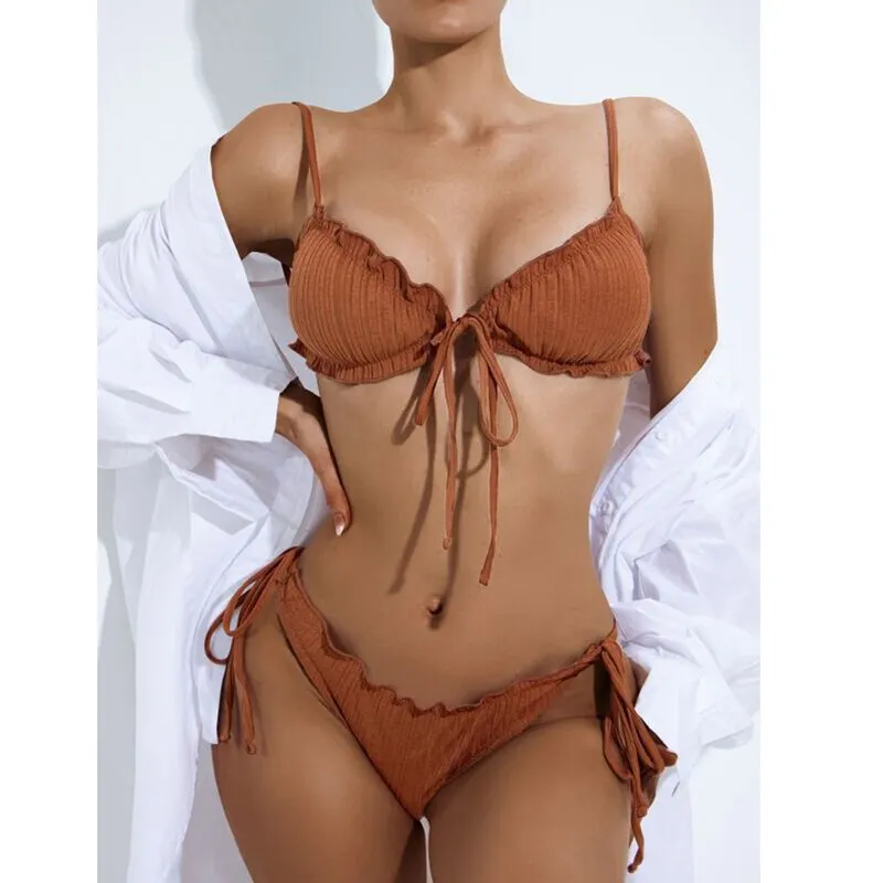 Brazilian Ruffle Ruched Solid Bikini