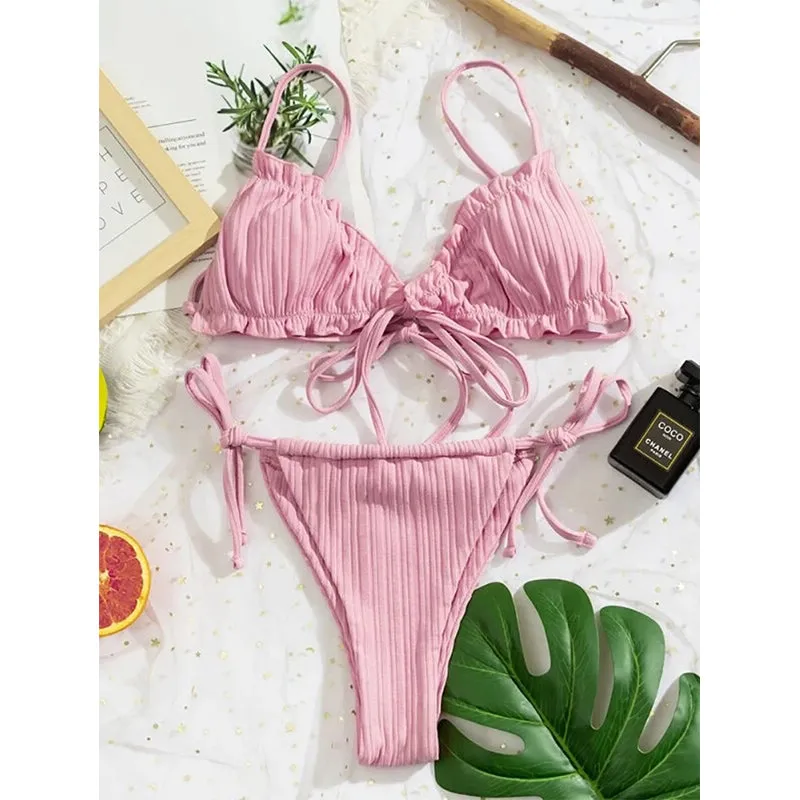 Brazilian Ruffle Ruched Solid Bikini