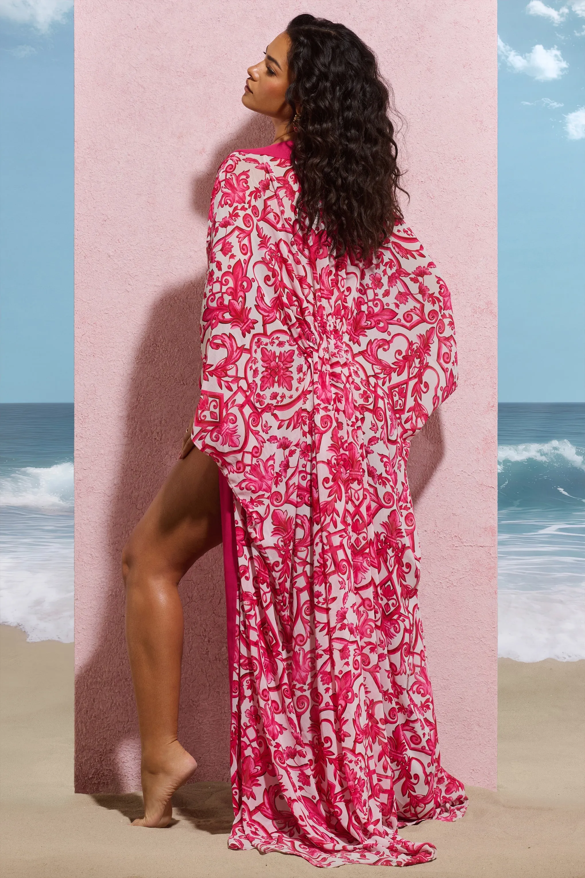 Breathe | Pink Porcelain Print Chiffon Long-Sleeved Cover Up