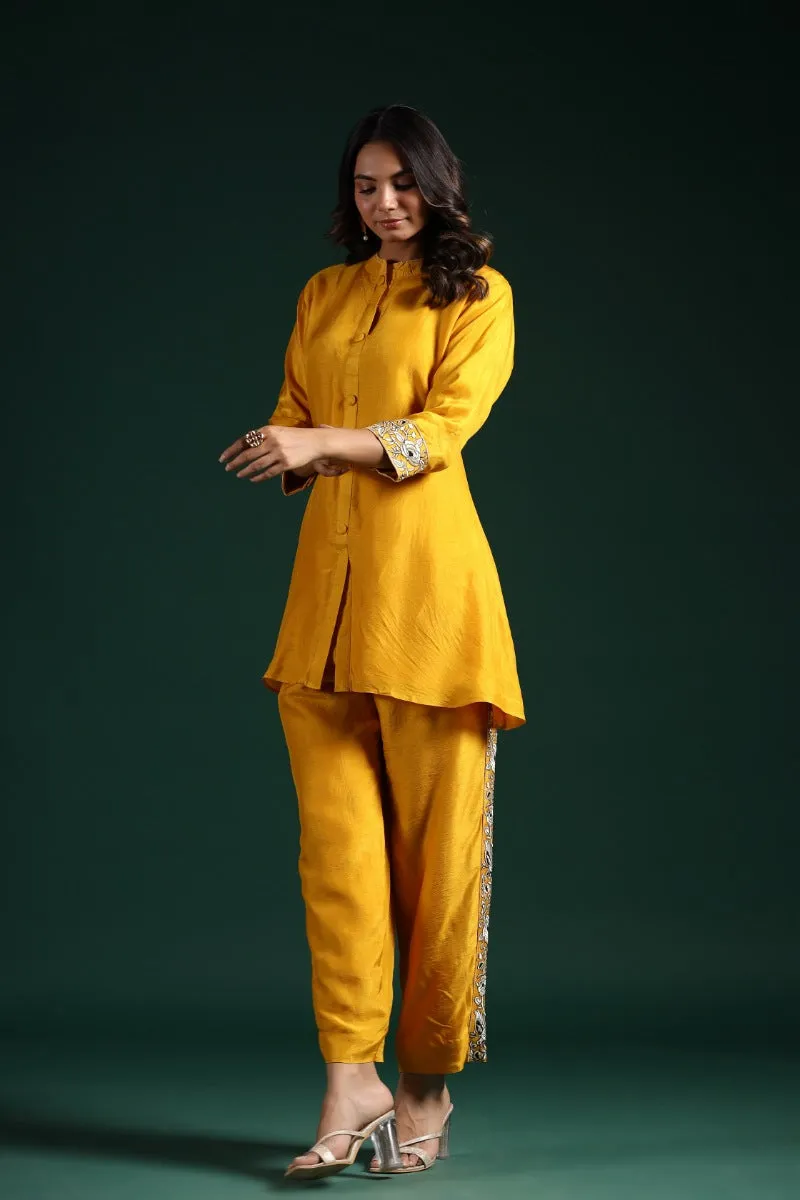 Bright Yellow Embroidered Raw Silk Co-Ord Set