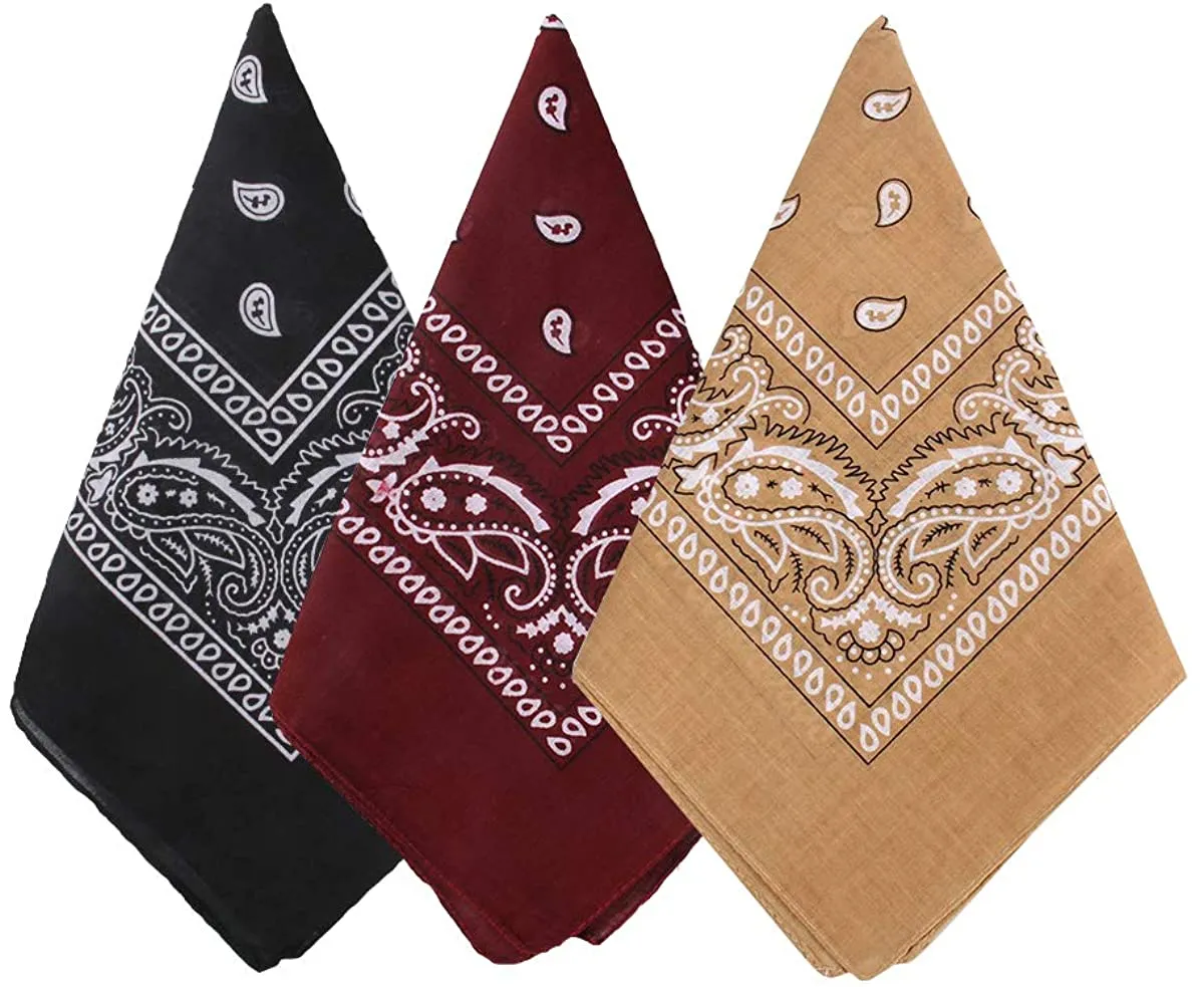 Bycc Bynn 3 Pack 100% Cotton Paisley Pattern Bandanas Face Mask Square Scarf Headwear