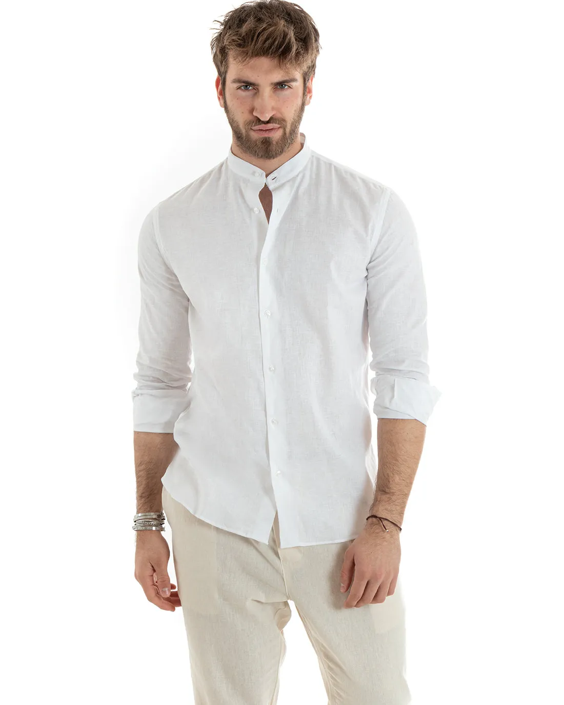 Camicia Uomo Collo Coreano Manica Lunga Lino Tinta Unita Sartoriale Bianco GIOSAL-C2665A