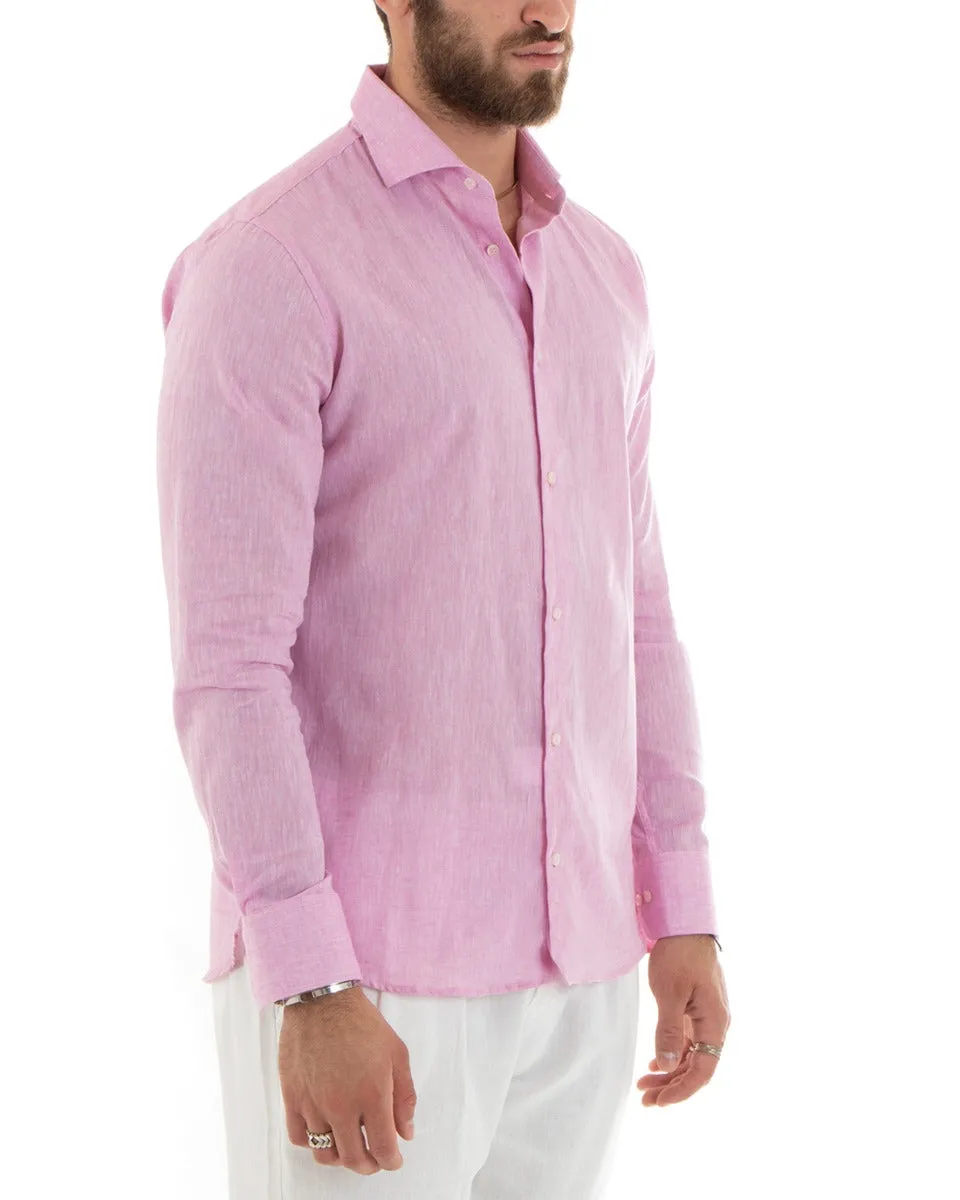 Camicia Uomo Con Colletto Francese Manica Lunga Lino Melangiata Sartoriale Rosa GIOSAL-C2684A