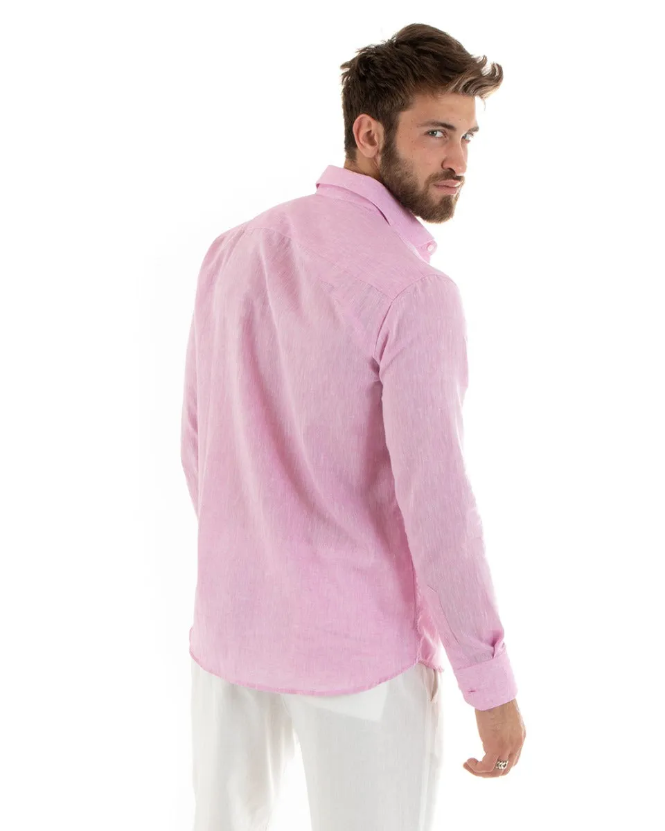 Camicia Uomo Con Colletto Francese Manica Lunga Lino Melangiata Sartoriale Rosa GIOSAL-C2684A