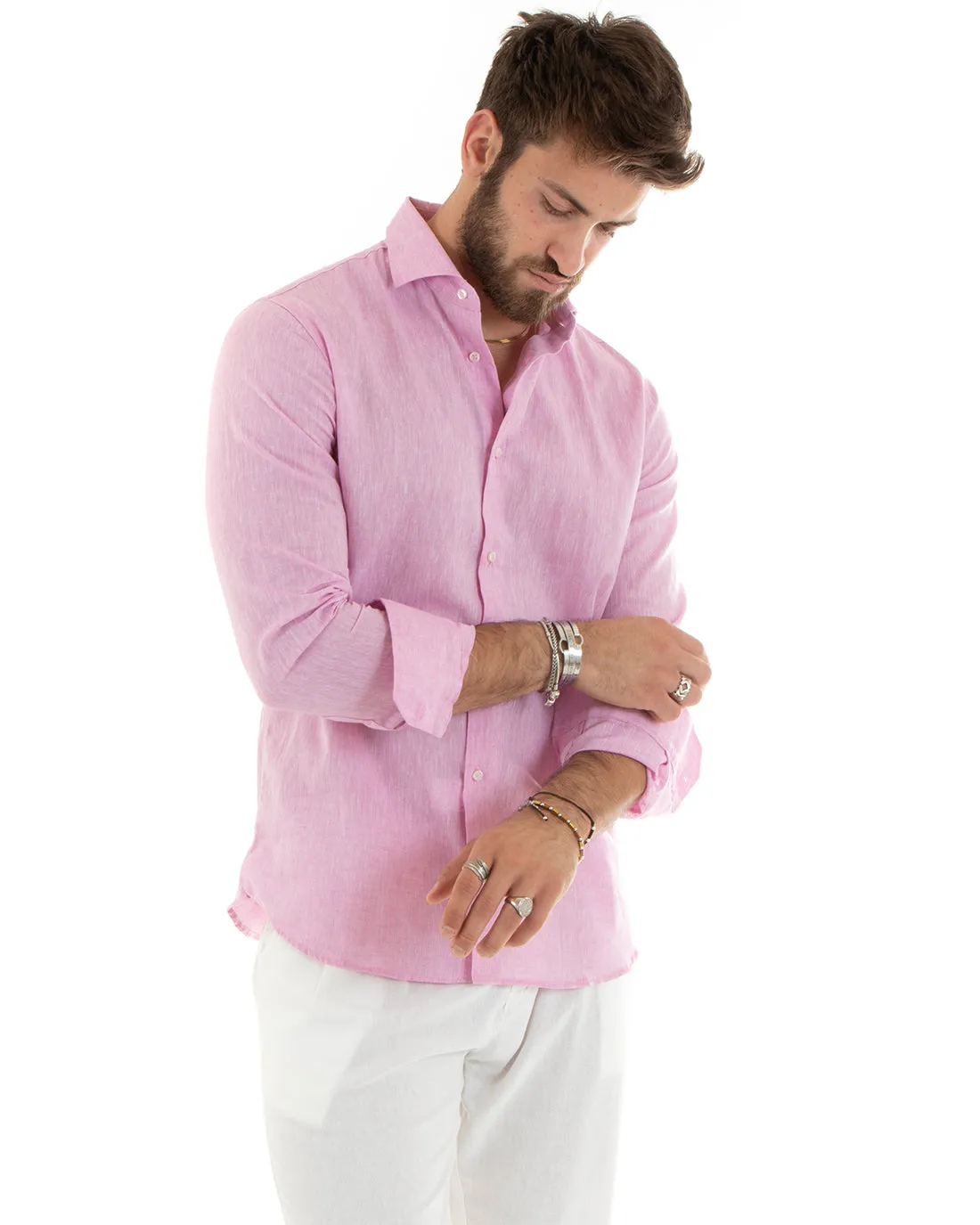 Camicia Uomo Con Colletto Francese Manica Lunga Lino Melangiata Sartoriale Rosa GIOSAL-C2684A