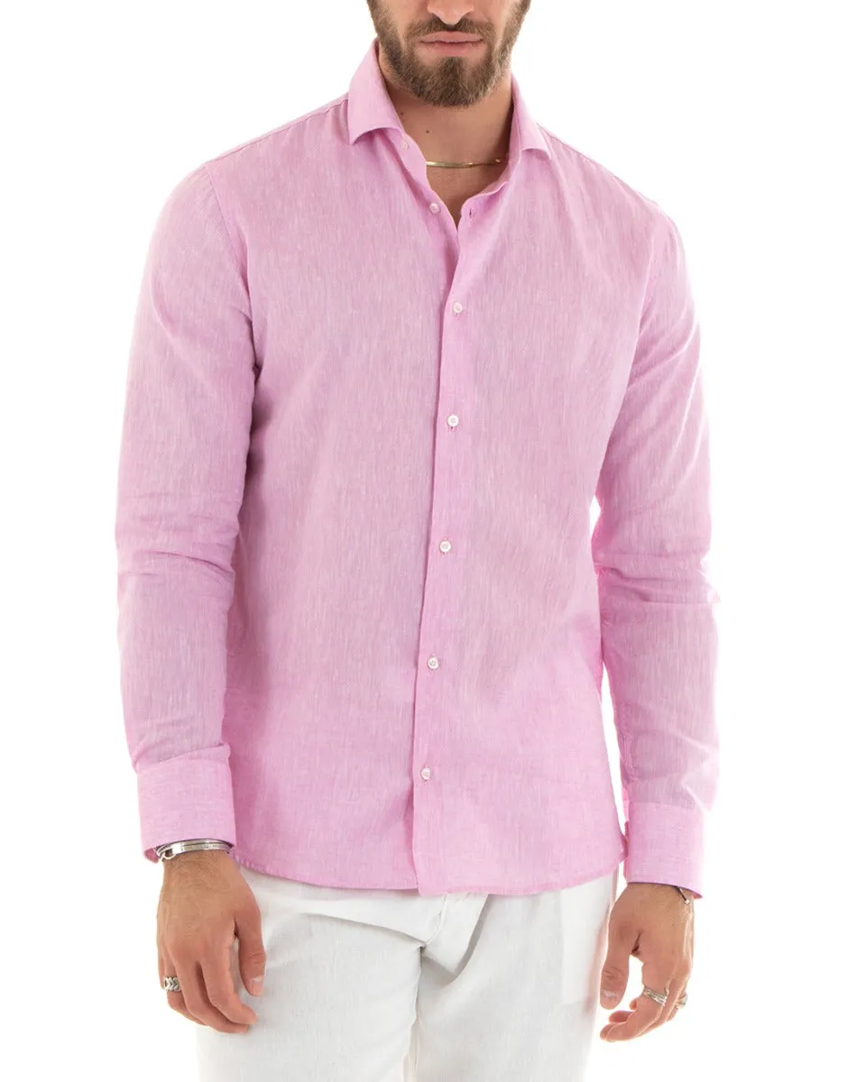 Camicia Uomo Con Colletto Francese Manica Lunga Lino Melangiata Sartoriale Rosa GIOSAL-C2684A