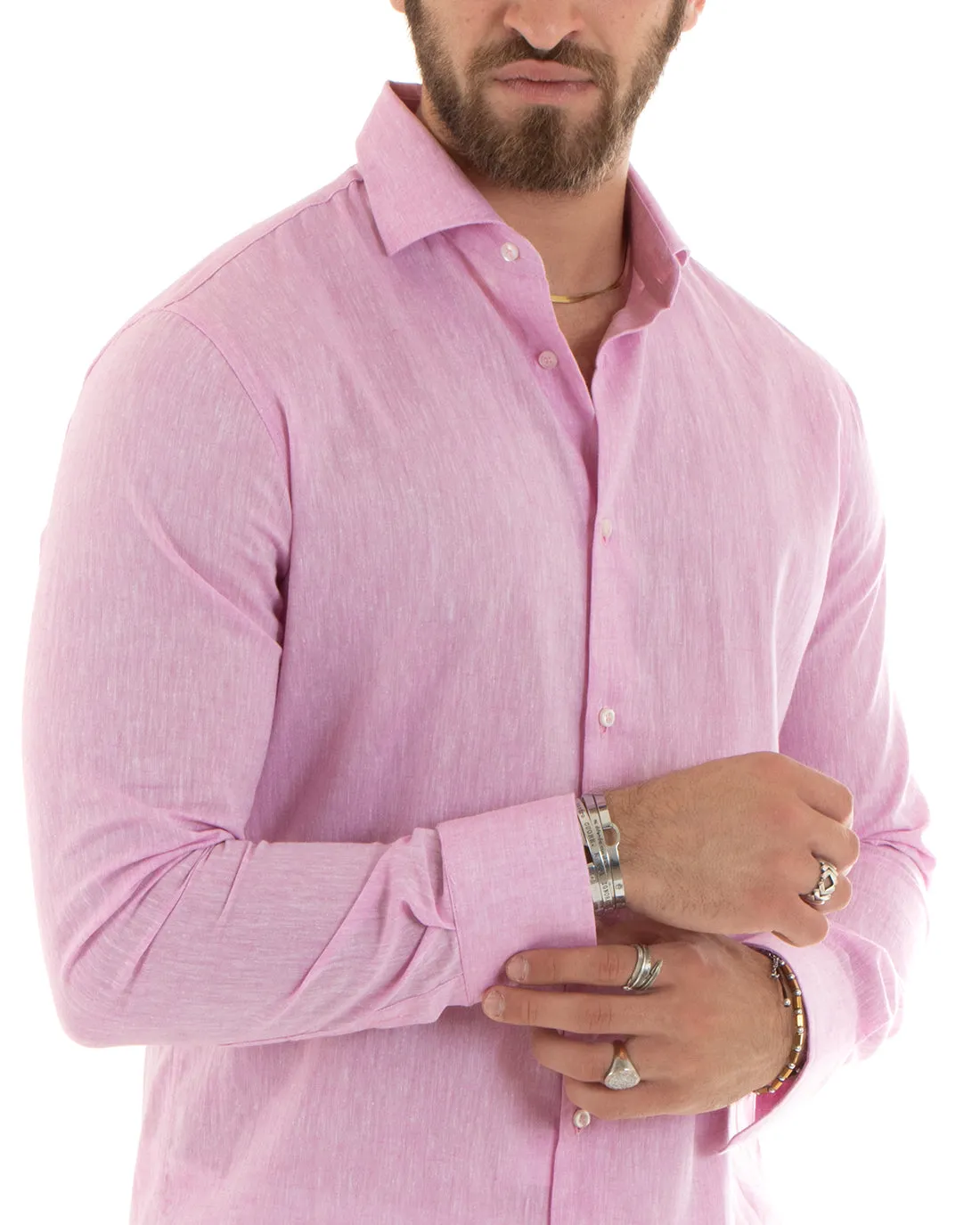 Camicia Uomo Con Colletto Francese Manica Lunga Lino Melangiata Sartoriale Rosa GIOSAL-C2684A