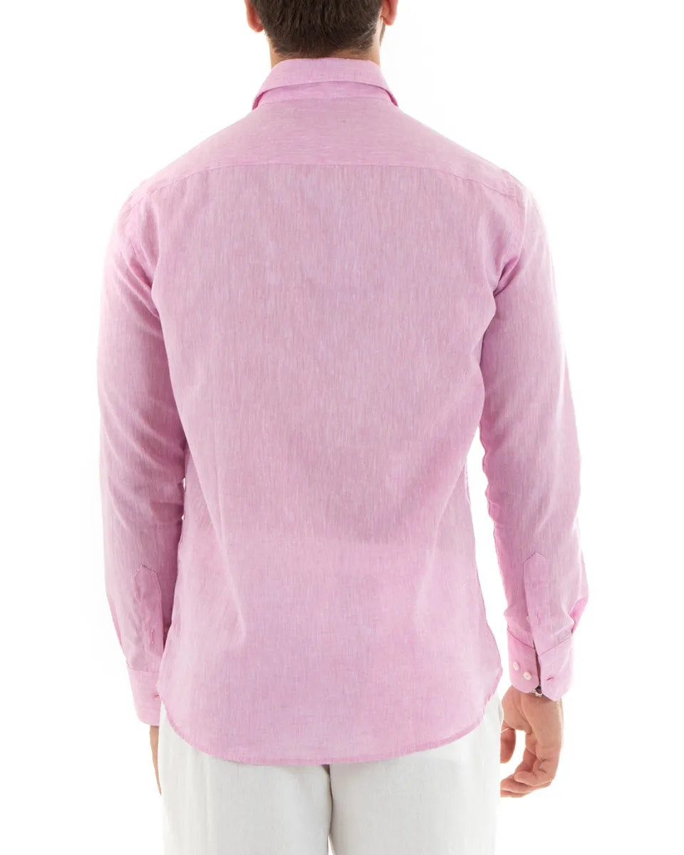 Camicia Uomo Con Colletto Francese Manica Lunga Lino Melangiata Sartoriale Rosa GIOSAL-C2684A