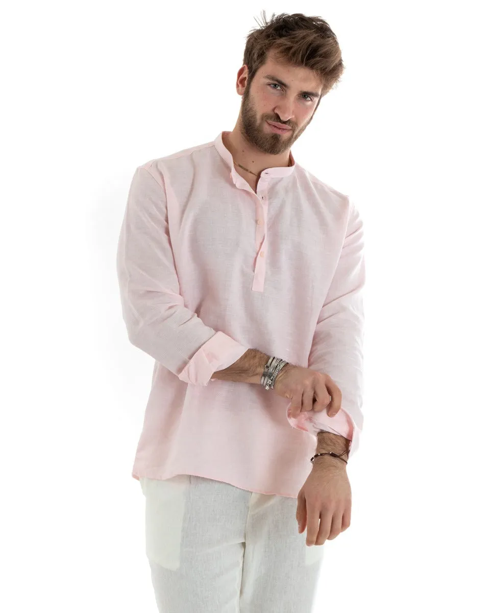 Camicia Uomo Serafino Casacca Manica Lunga Lino Tinta Unita Sartoriale Rosa GIOSAL-C2819A