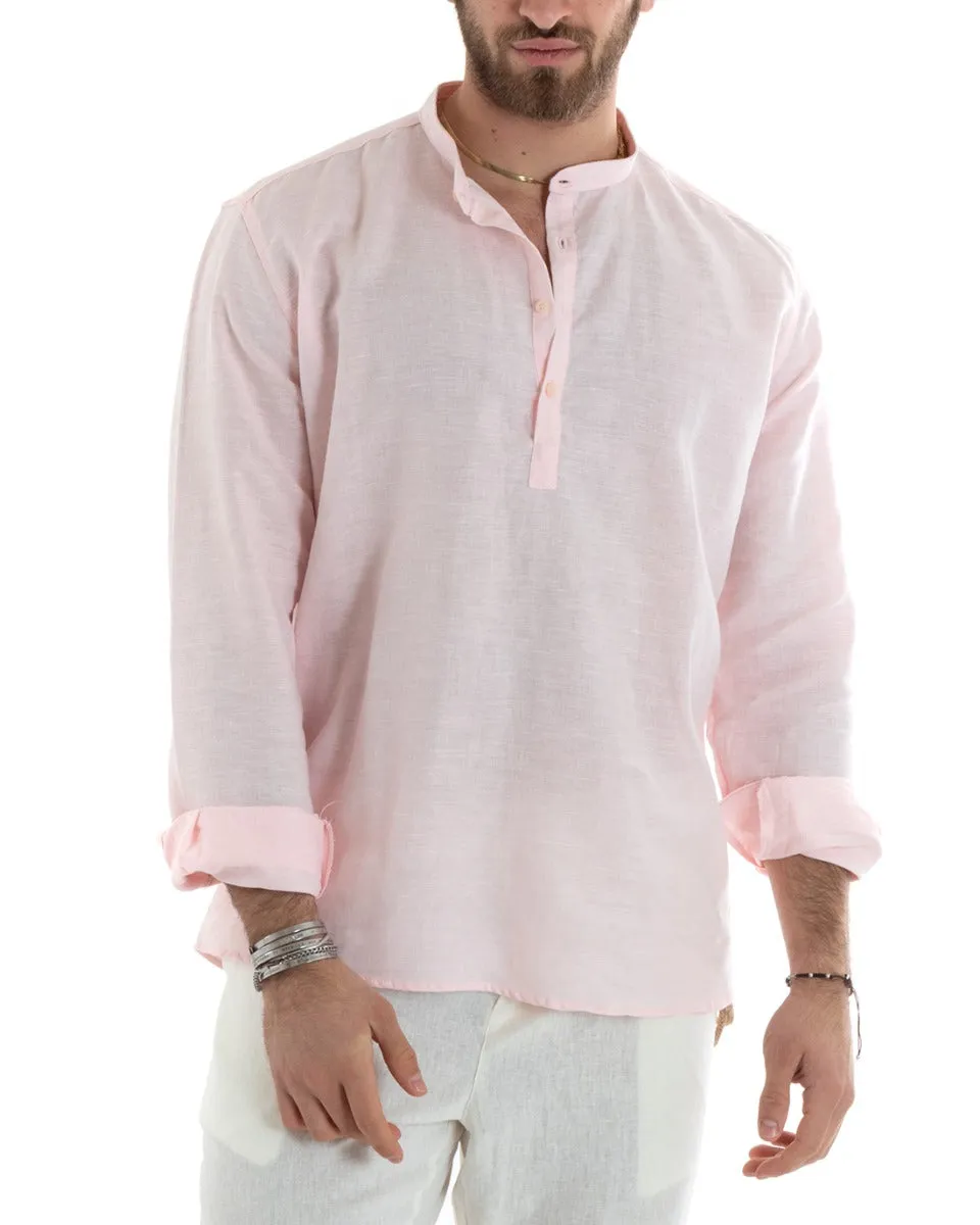 Camicia Uomo Serafino Casacca Manica Lunga Lino Tinta Unita Sartoriale Rosa GIOSAL-C2819A