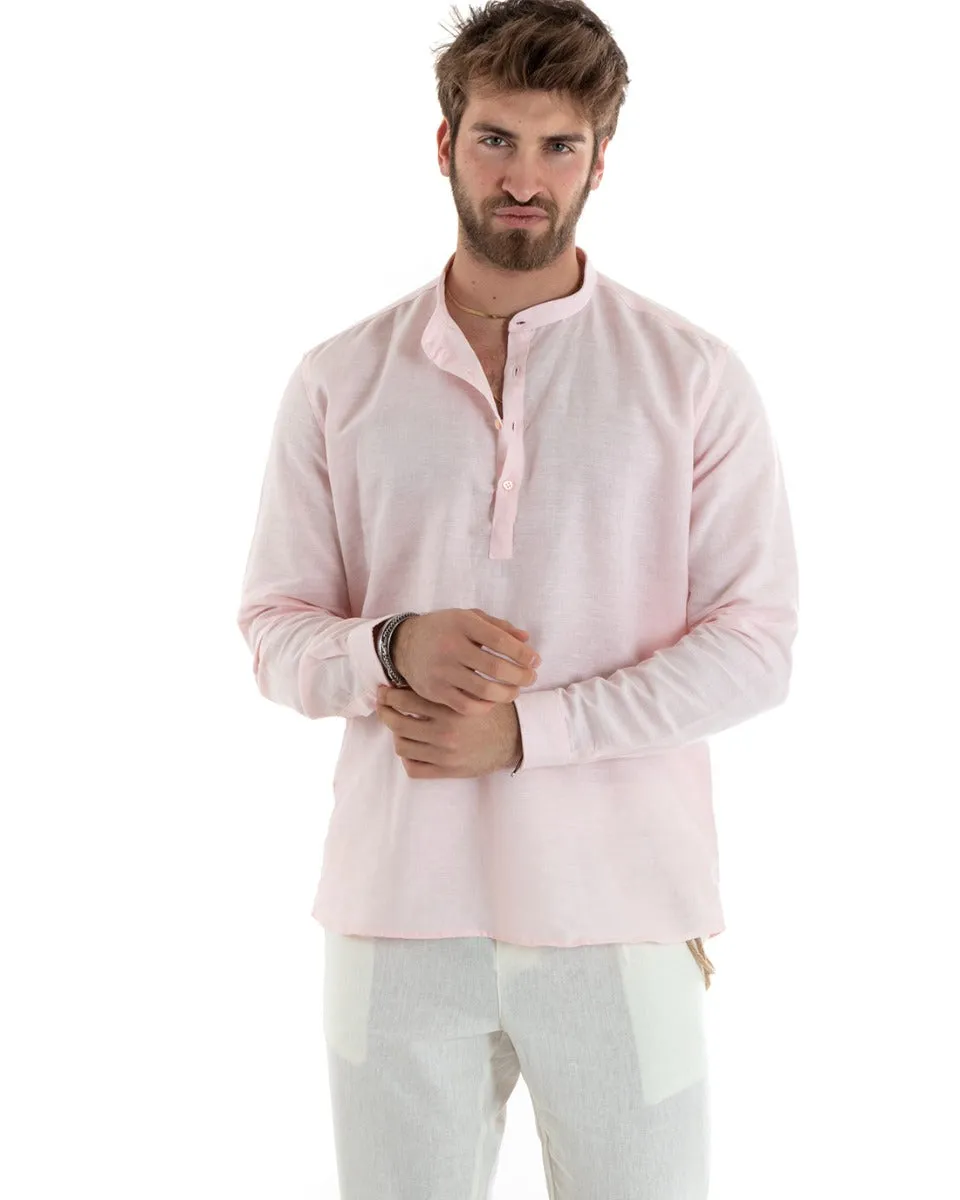 Camicia Uomo Serafino Casacca Manica Lunga Lino Tinta Unita Sartoriale Rosa GIOSAL-C2819A