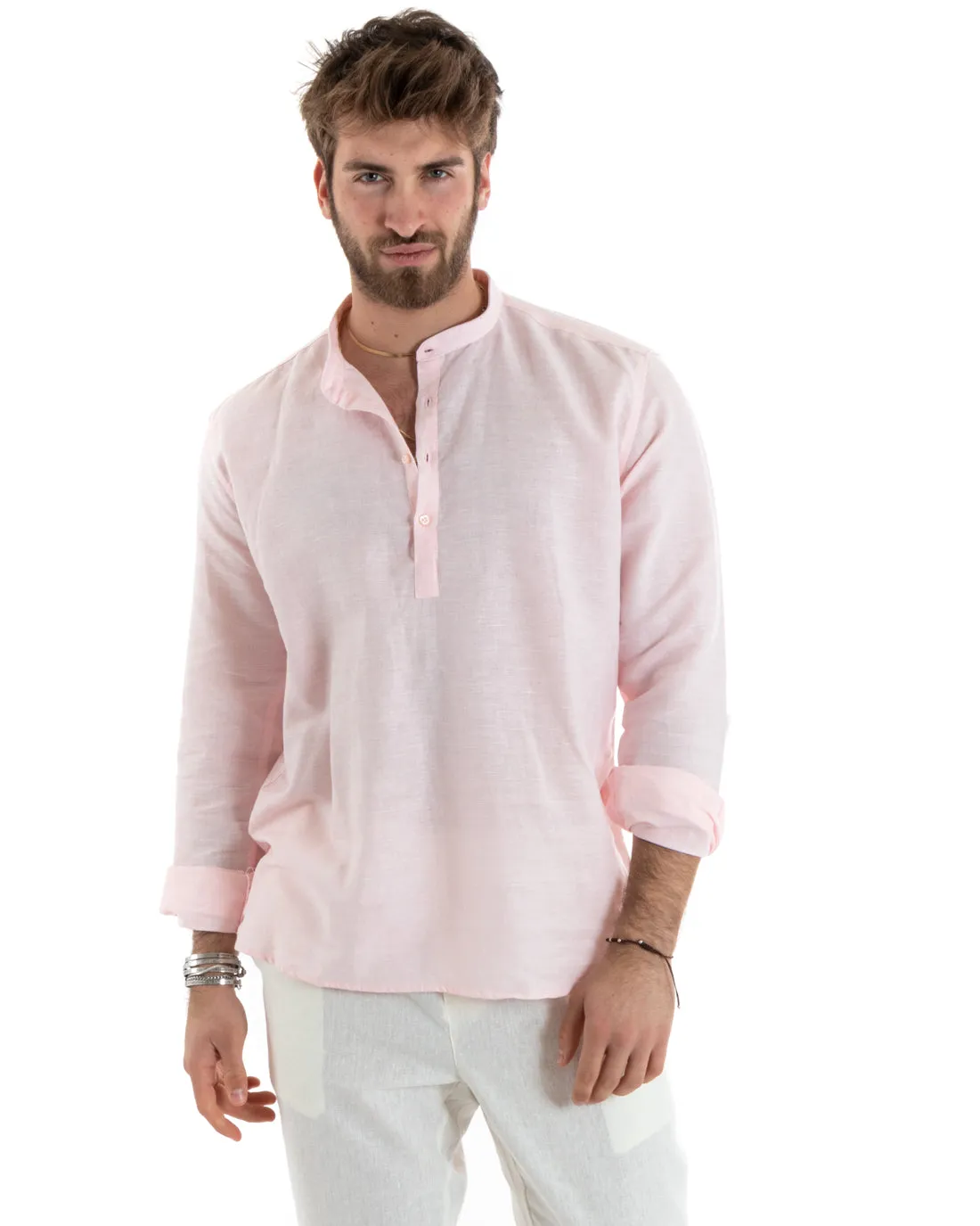 Camicia Uomo Serafino Casacca Manica Lunga Lino Tinta Unita Sartoriale Rosa GIOSAL-C2819A