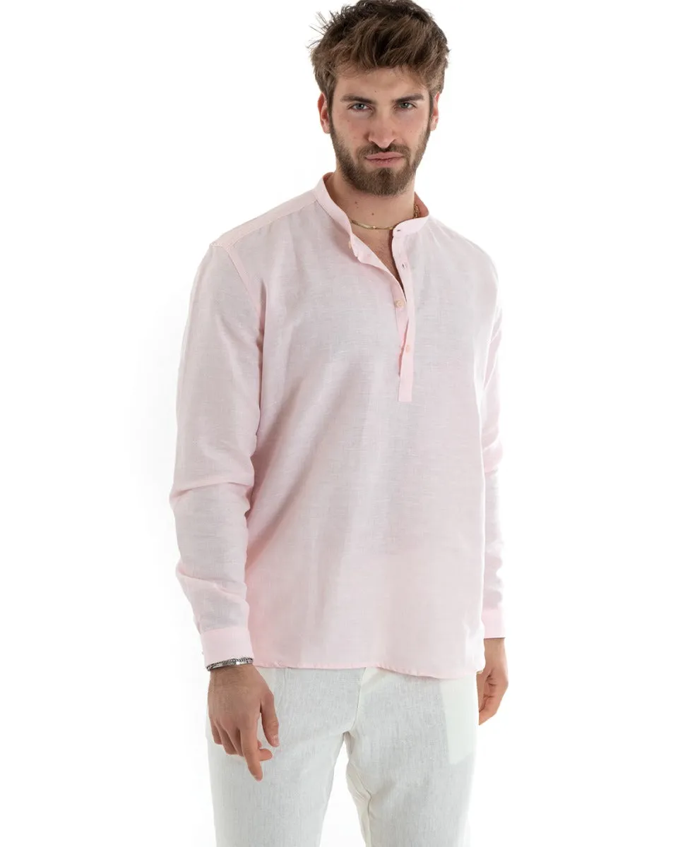 Camicia Uomo Serafino Casacca Manica Lunga Lino Tinta Unita Sartoriale Rosa GIOSAL-C2819A