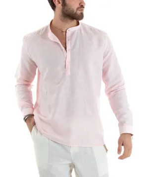 Camicia Uomo Serafino Casacca Manica Lunga Lino Tinta Unita Sartoriale Rosa GIOSAL-C2819A