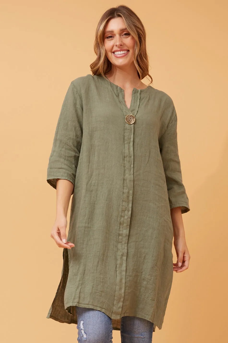 CARMEL BUTTON DETAIL LINEN TUNIC