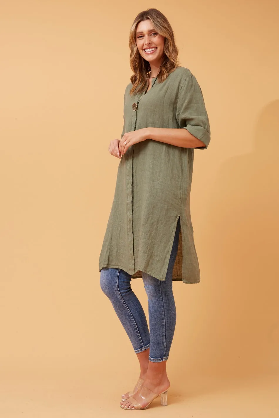 CARMEL BUTTON DETAIL LINEN TUNIC