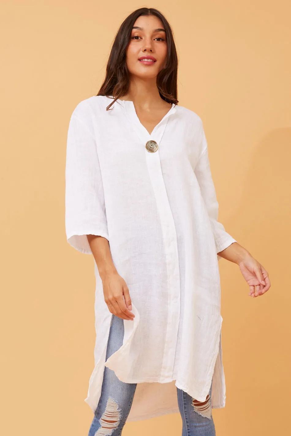 CARMEL BUTTON DETAIL LINEN TUNIC