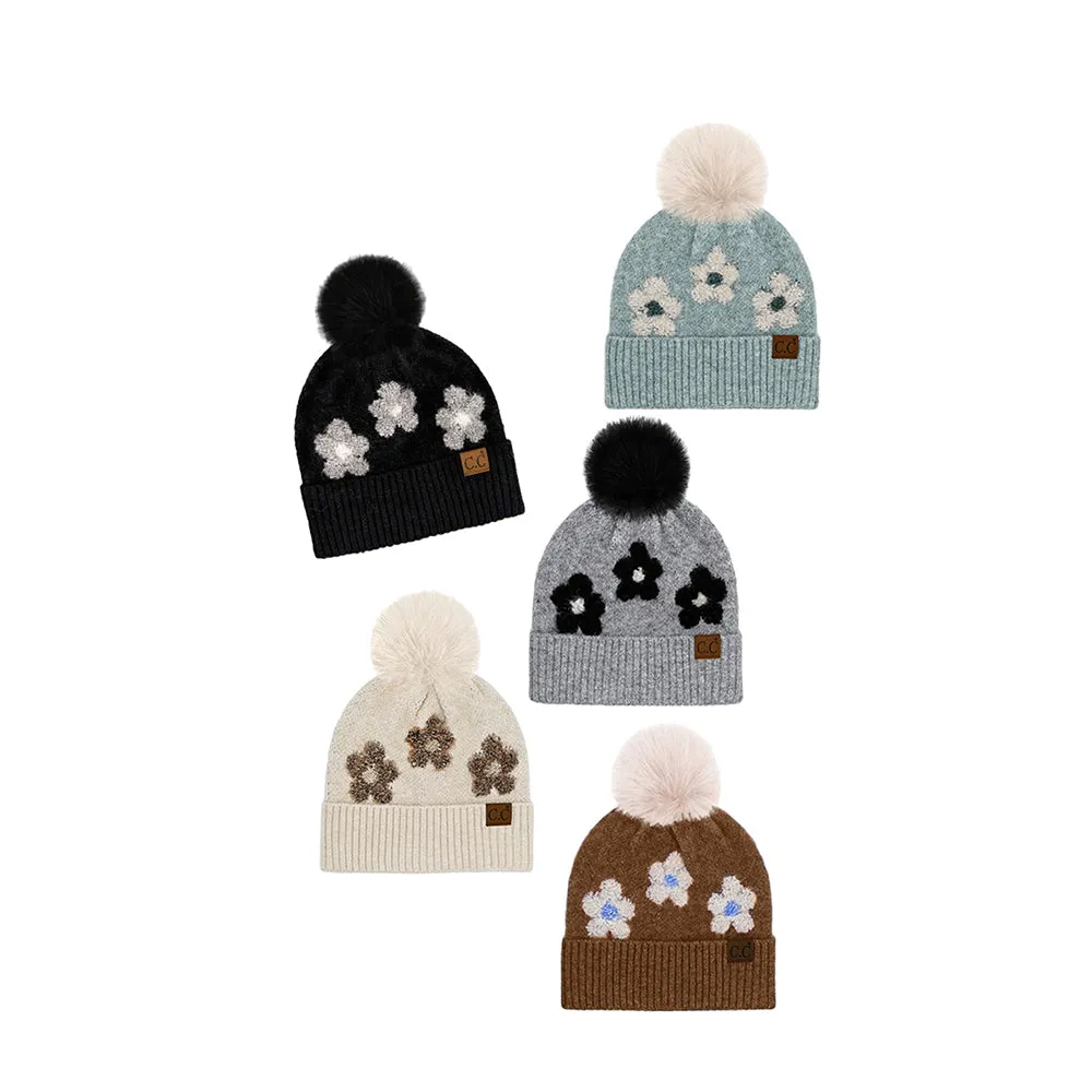 C.C Daisy Pattern Beanie with Pom