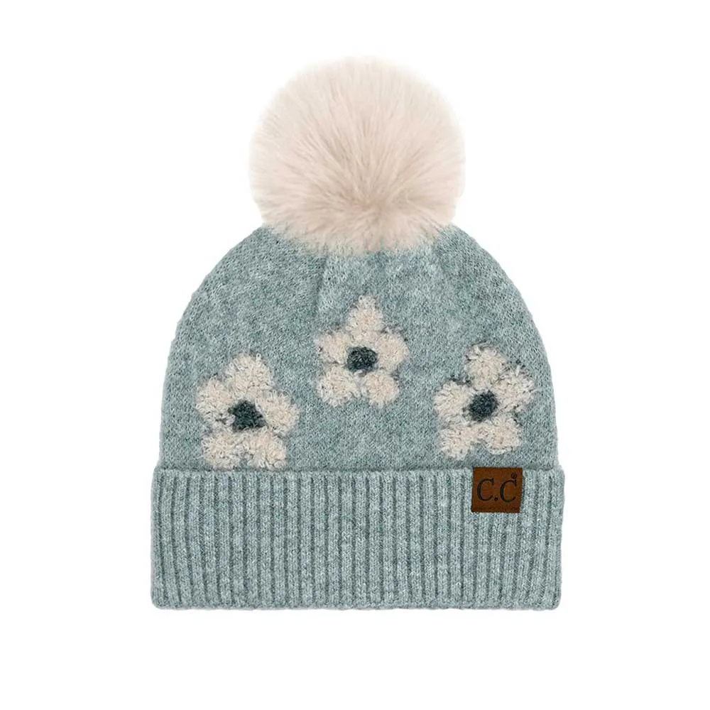 C.C Daisy Pattern Beanie with Pom