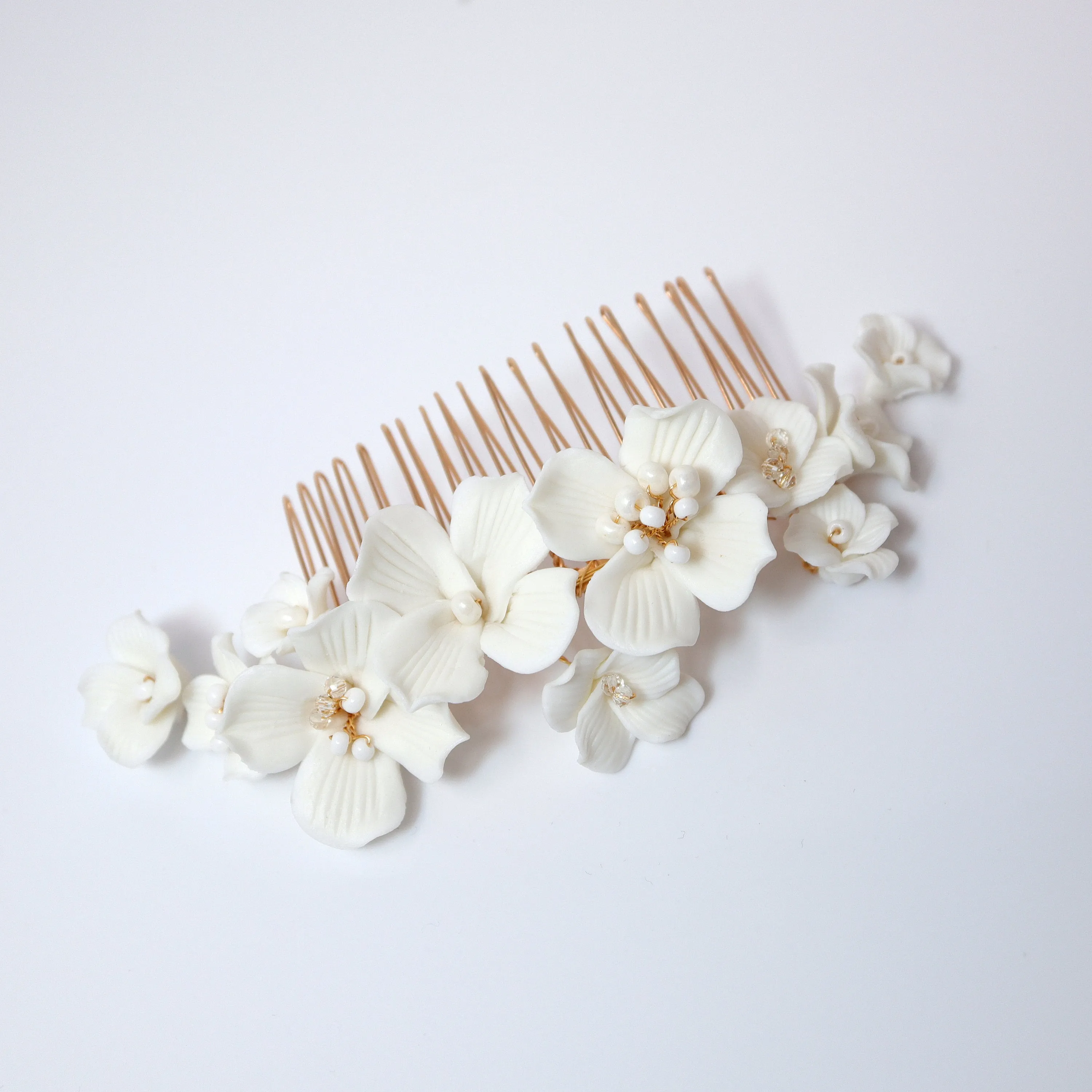 Ceramic White flower Flowers Pearl Jewelry Necklace Set,  Bridal Hair piece, Bridal Hair Accessories, Wedding Hair Accessory.