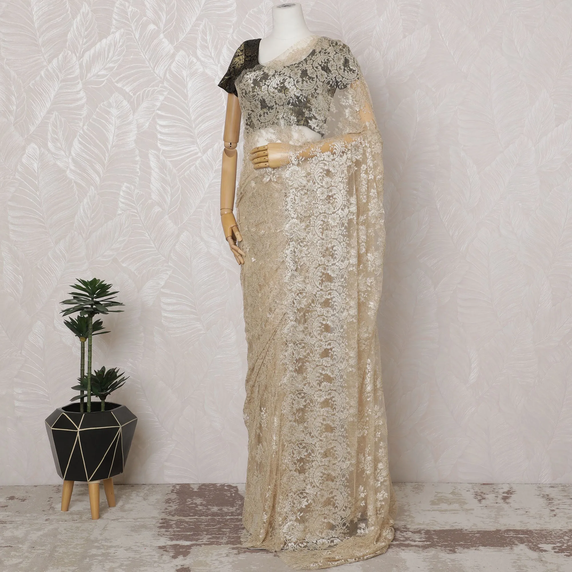 Champagne Gold French Metallic Chantilly Lace Saree - 110 cm Width, 5.5 Meters-D20154