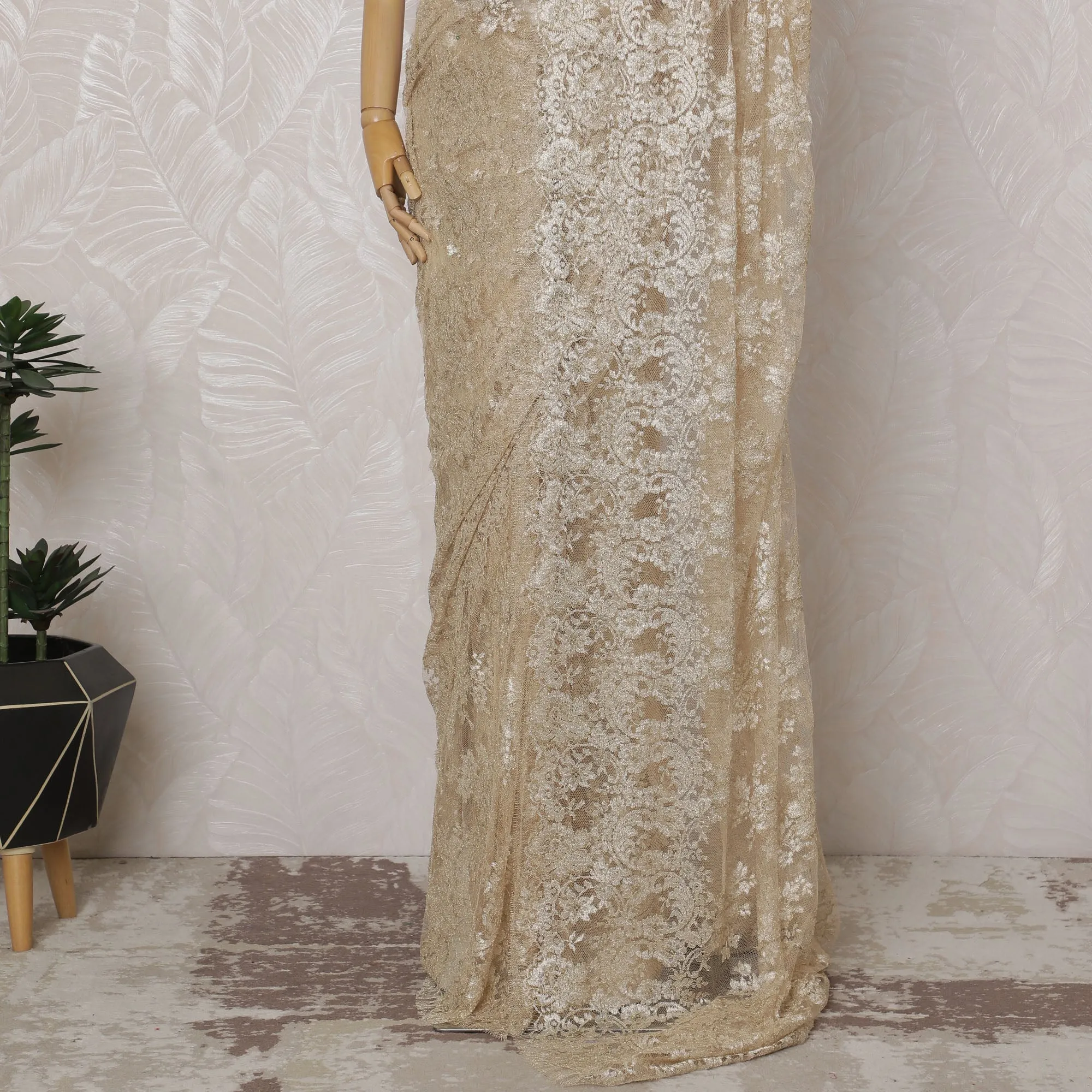 Champagne Gold French Metallic Chantilly Lace Saree - 110 cm Width, 5.5 Meters-D20154