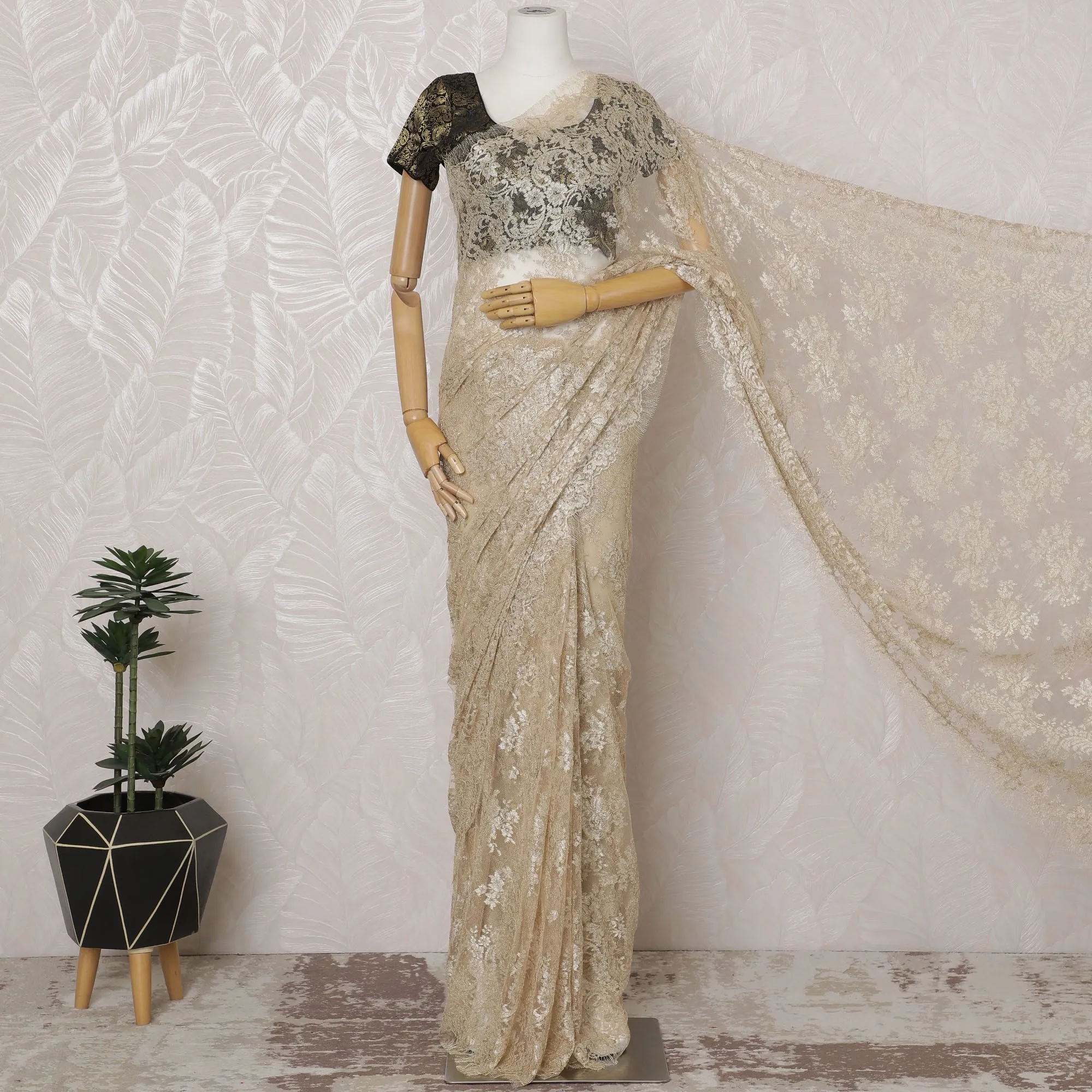 Champagne Gold French Metallic Chantilly Lace Saree - 110 cm Width, 5.5 Meters-D20154