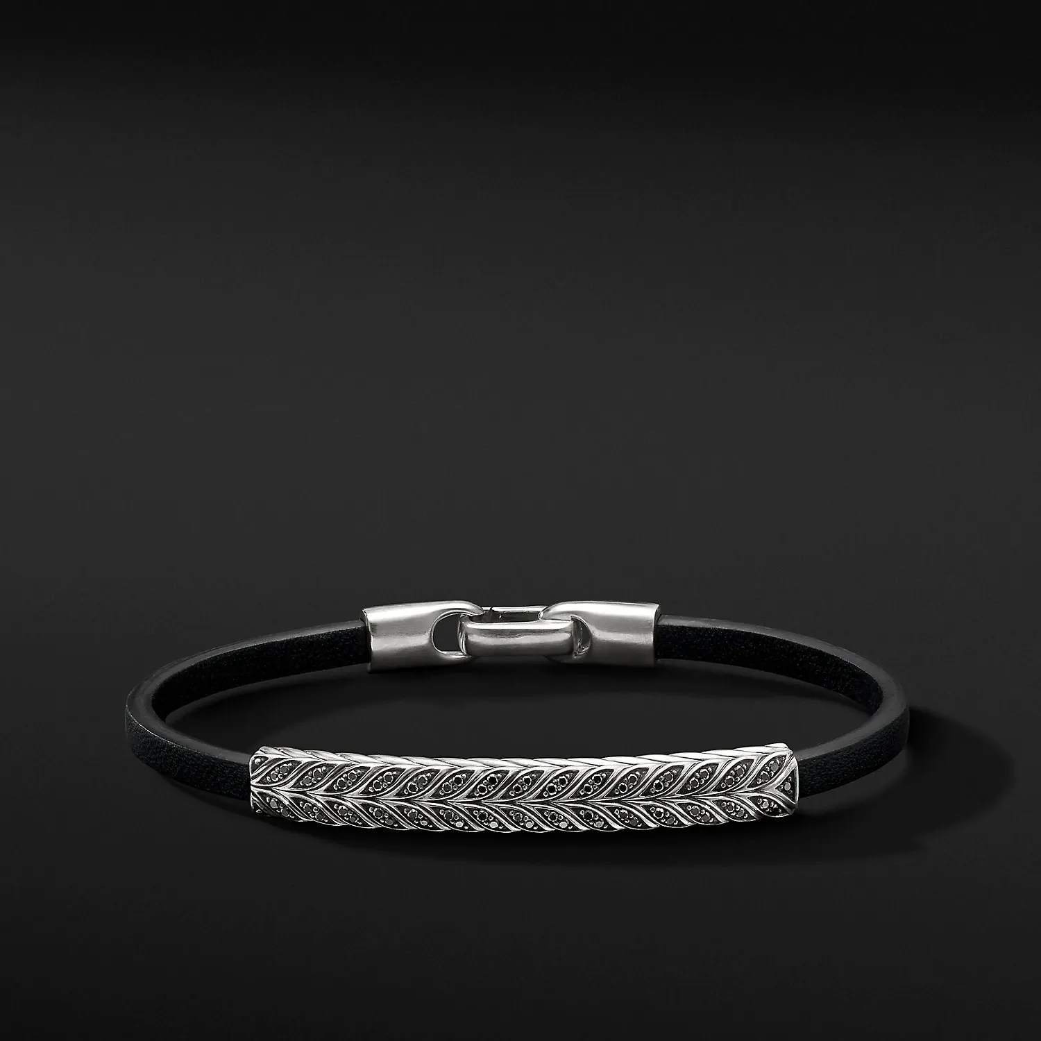 Chevron Black Leather ID Bracelet with Pavé Black Diamonds