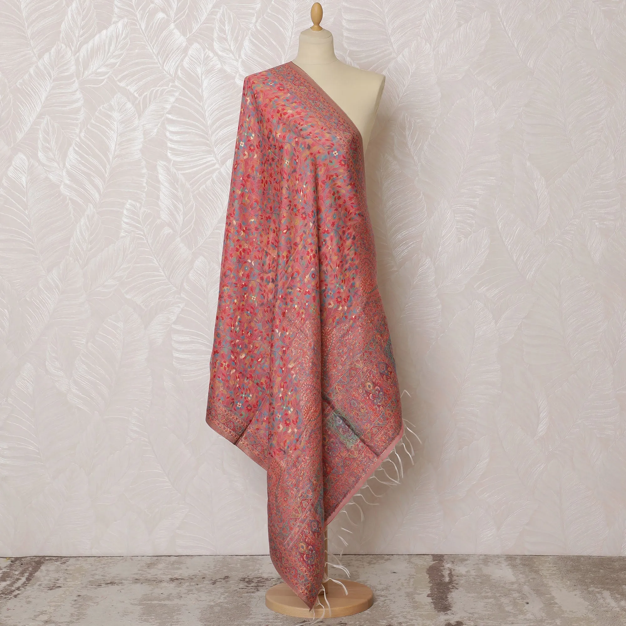 Coral Pink Silk Jacquard Dupatta with Intricate Floral Design – 235 X 95 Cms, India-D20305