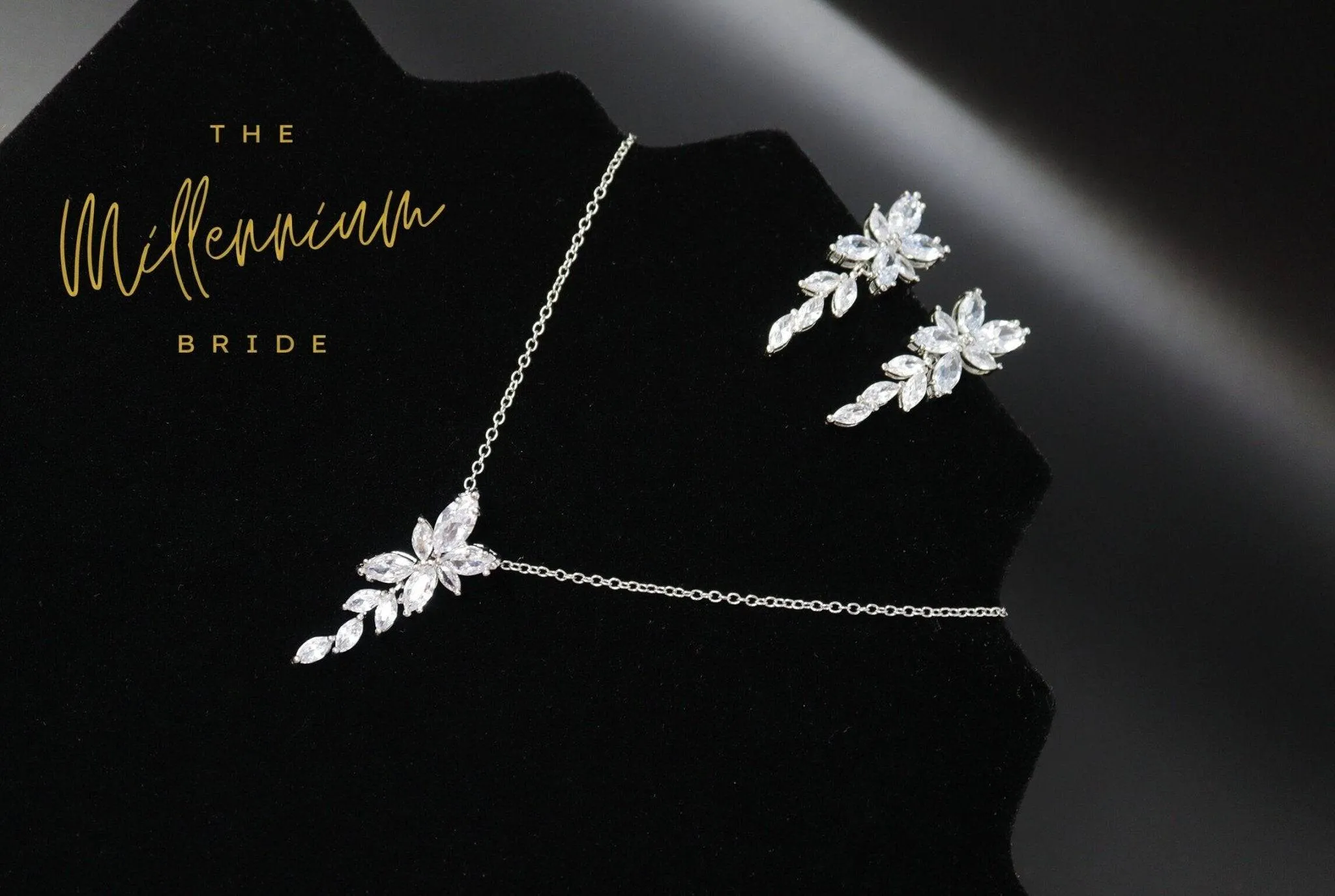 Cubic Zirconia Diamond/ Crystal Leaves, Long Bridal Jewelry, Bridal Earrings And Necklace, Crystal Bridal Earrings, Statement Earrings Cz