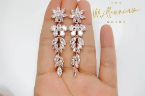 Cubic Zirconia Diamond flower Leaves long Drop Crystal, Diamond Earrings, Long Bridal Earrings, Crystal Bridal Earrings, Statement Earrings