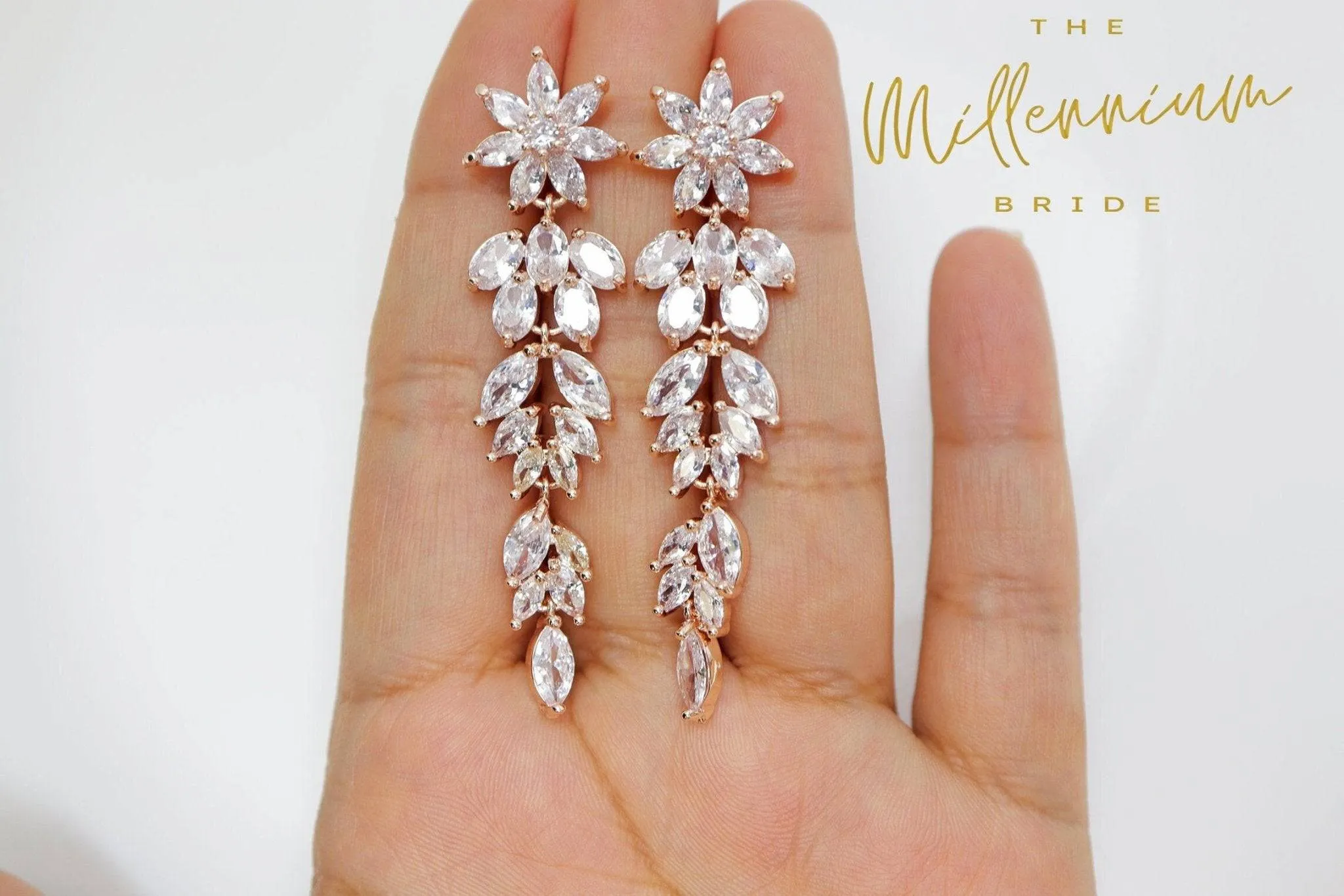 Cubic Zirconia Diamond flower Leaves long Drop Crystal, Diamond Earrings, Long Bridal Earrings, Crystal Bridal Earrings, Statement Earrings